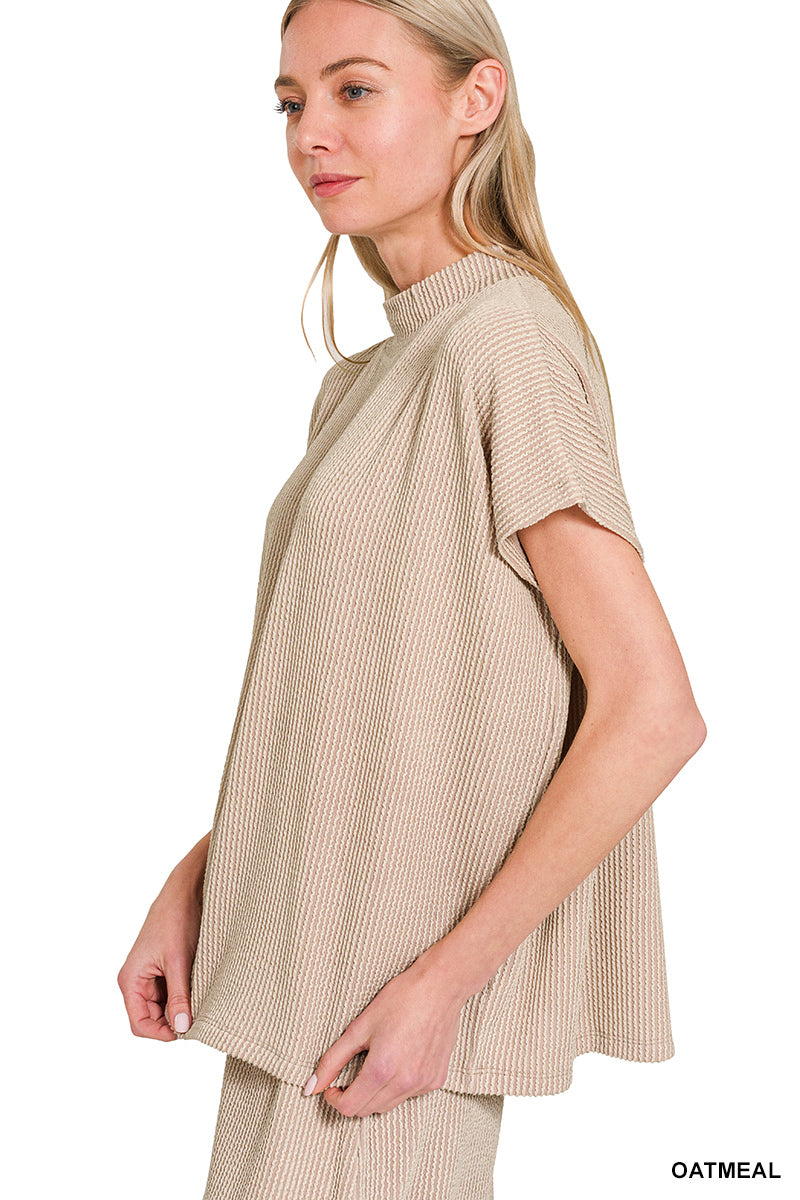 Zenana Raised Rib Mock-Neck Tee & Pants Set Oatmeal
