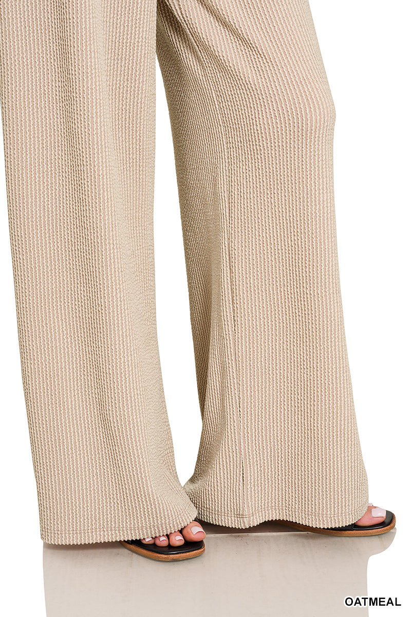 Zenana Raised Rib Mock-Neck Tee & Pants Set Oatmeal