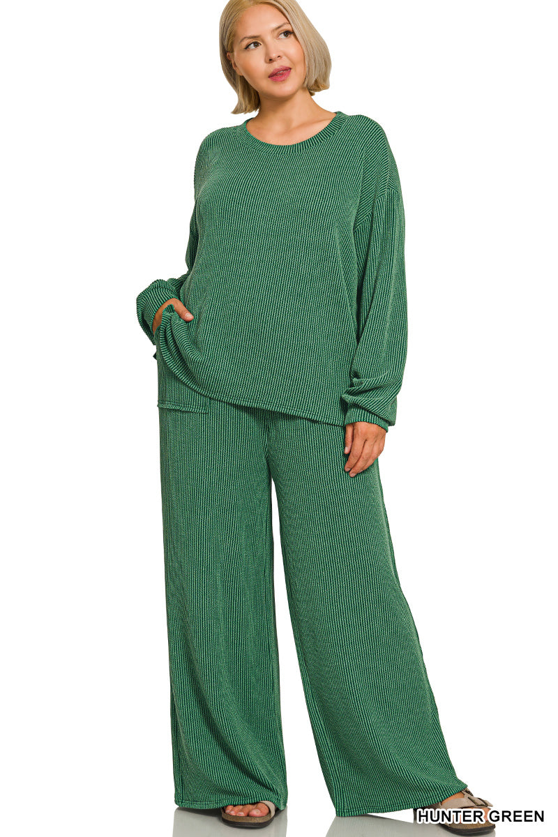 Zenana Raised Rib Round Neck Hunter Set Plus Size