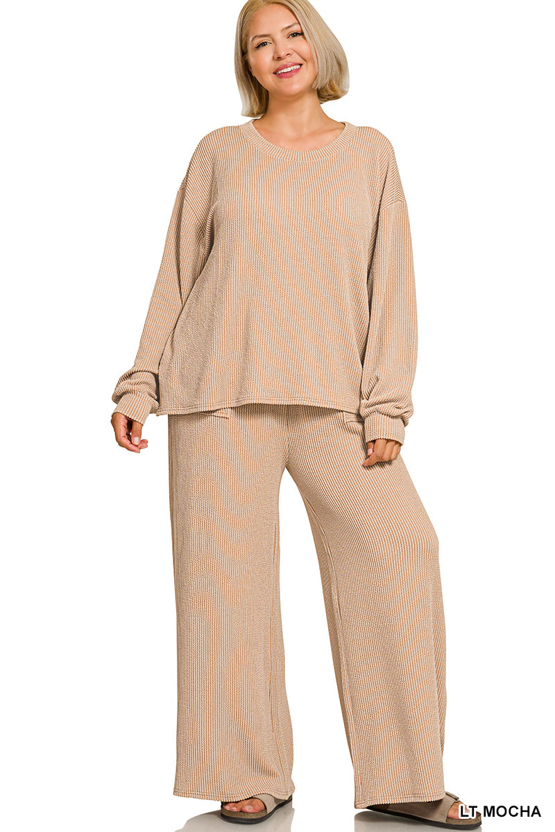 Zenana Plus Size Raised Rib Round Neck Apparel Set – Mocha