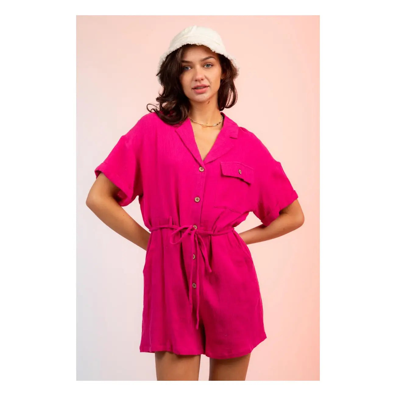 Romper Button Down Gauze Pink PinkPro Beauty Supply