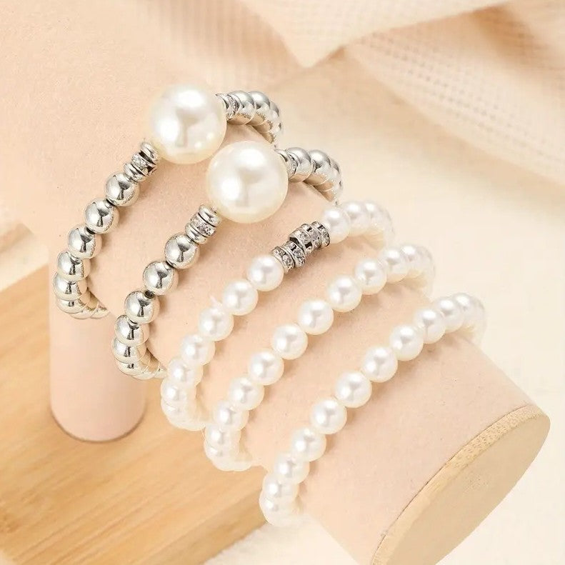 Bracelet Set Pearl & Silver - 5 Pieces PinkPro Beauty Supply