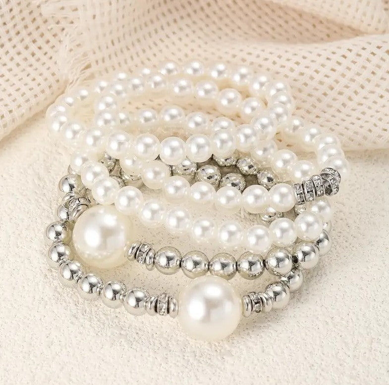 Bracelet Set Pearl & Silver - 5 Pieces PinkPro Beauty Supply