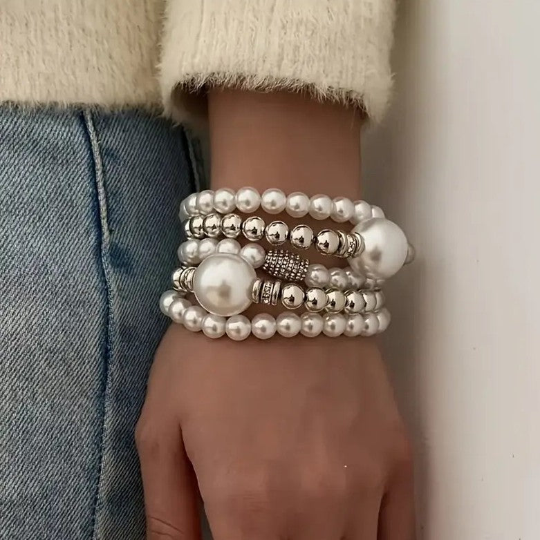 Bracelet Set Pearl & Silver - 5 Pieces PinkPro Beauty Supply