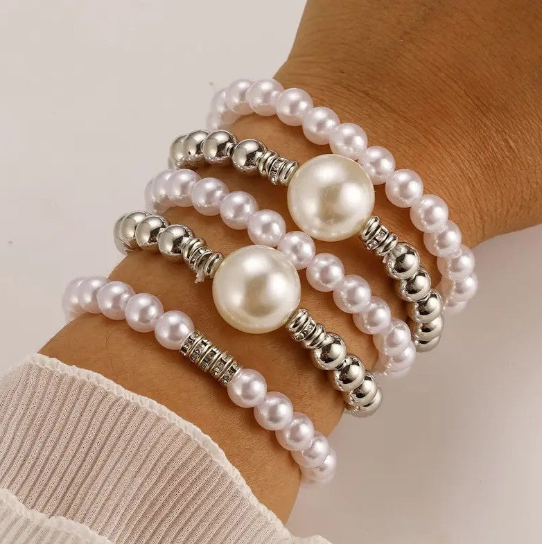Bracelet Set Pearl & Silver - 5 Pieces PinkPro Beauty Supply