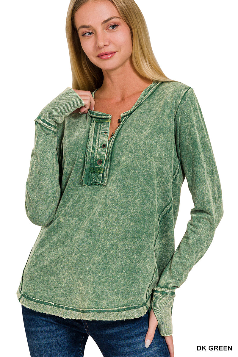 Zenana Acid Wash Top Long Sleeve - Dark Green - PinkPro Beauty Supply