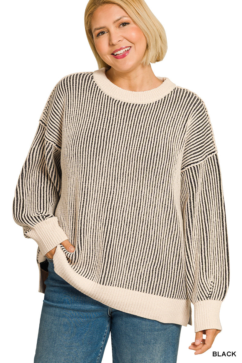 Zenana Plus Size Sweater Crewneck Two Tone - Black
