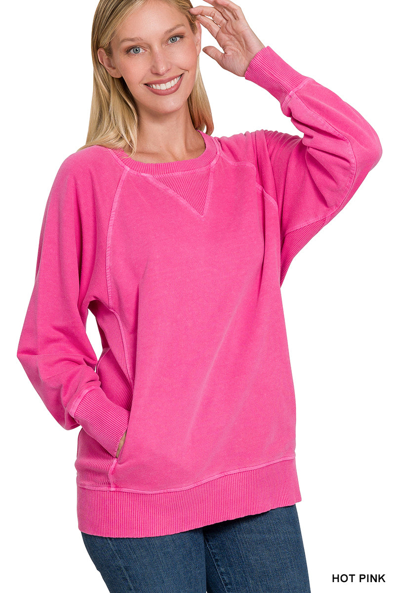 Zenana French Terry Pullover with Pockets- Pink