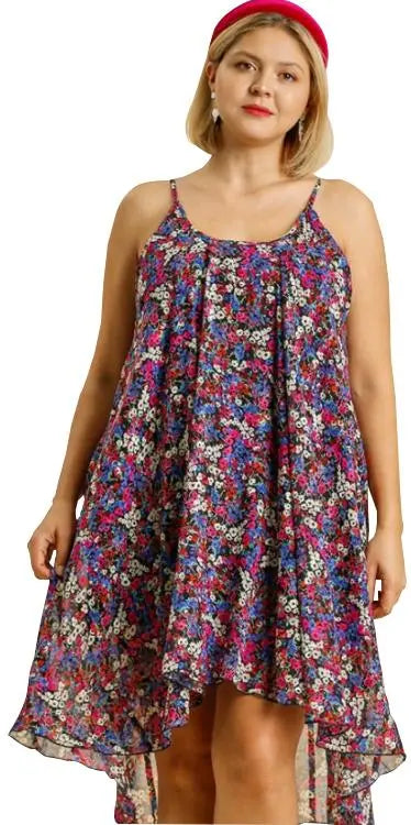 Umgee Full Size Ruffled Flower Print Tie Neck Tiered Dress Plus Size