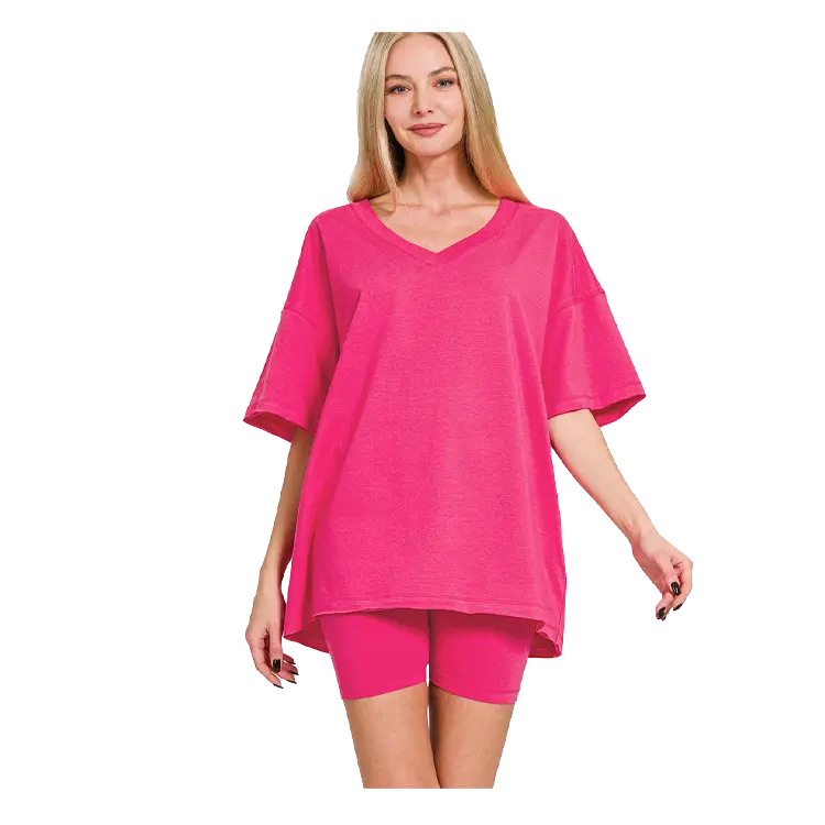 Zenana Cotton V-neck Top & Biker Shorts Hot Pink Zenana