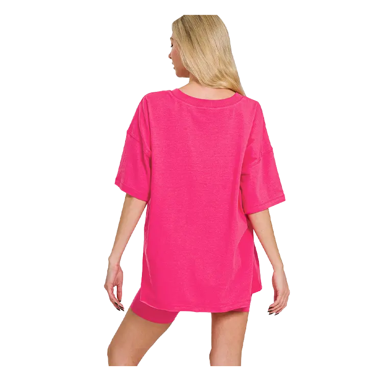 Zenana Cotton V-neck Top & Biker Shorts Hot Pink Zenana