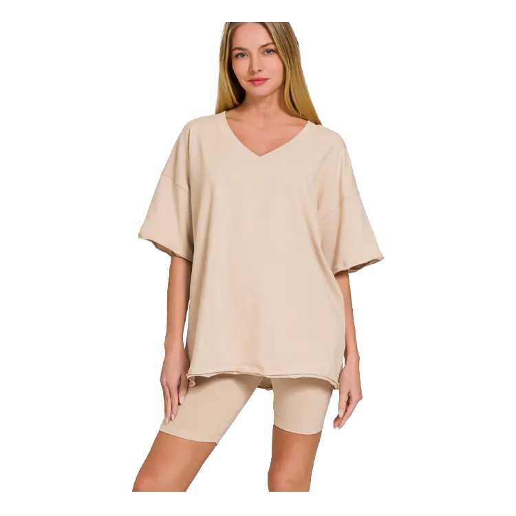 Zenana Cotton V-neck Top & Biker Shorts Sand Beige Zenana