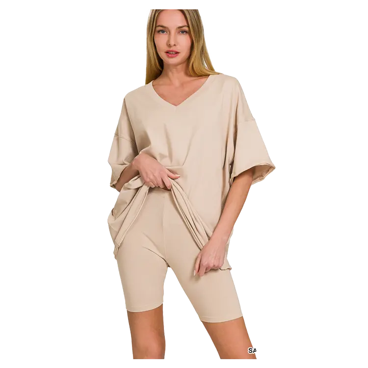 Zenana Cotton V-neck Top & Biker Shorts Sand Beige Zenana