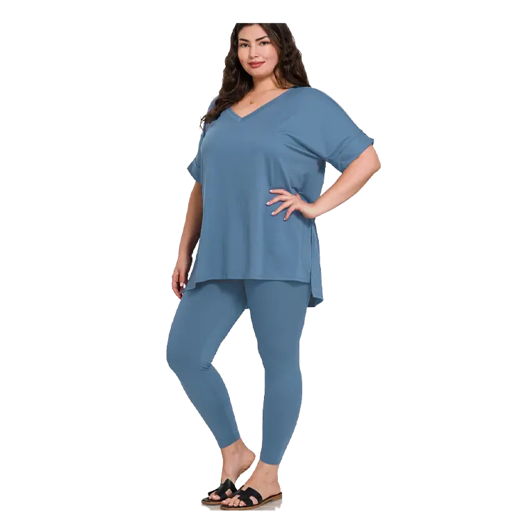 Zenana Microfiber V-Neck Apparel Set Dusty Blue Zenana