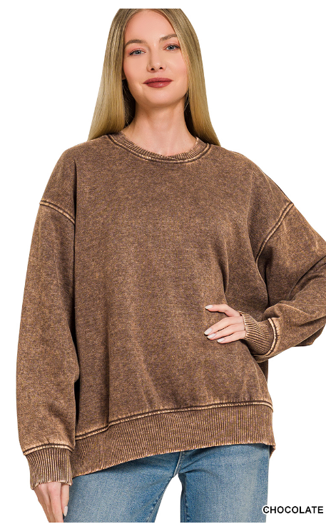 Zenana Pullover Acid Wash Oversized Fleece Pullover - Chocolate