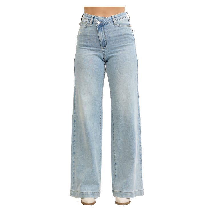 Judy Blue High Waisted Retro Wide Criss-Cross - Mild Destroy Jeans