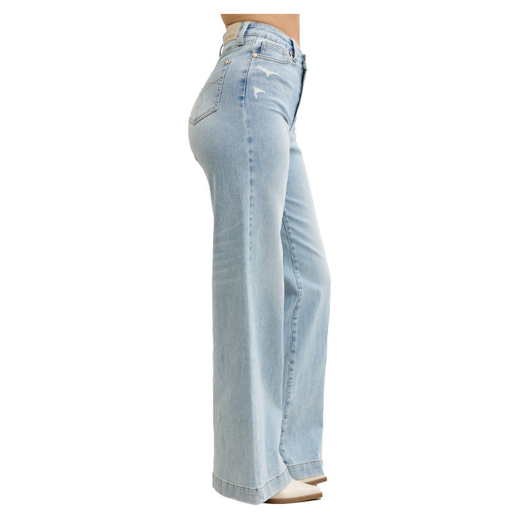 Judy Blue High Waisted Retro Wide Criss-Cross - Mild Destroy Jeans