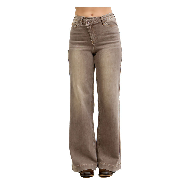 Judy Blue High Waist Retro Wide Leg Criss-Cross Jeans - Clay