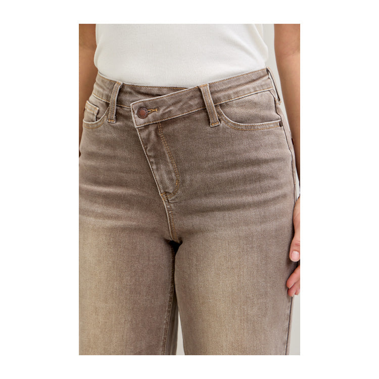 Judy Blue High Waist Retro Wide Leg Criss-Cross Jeans - Clay