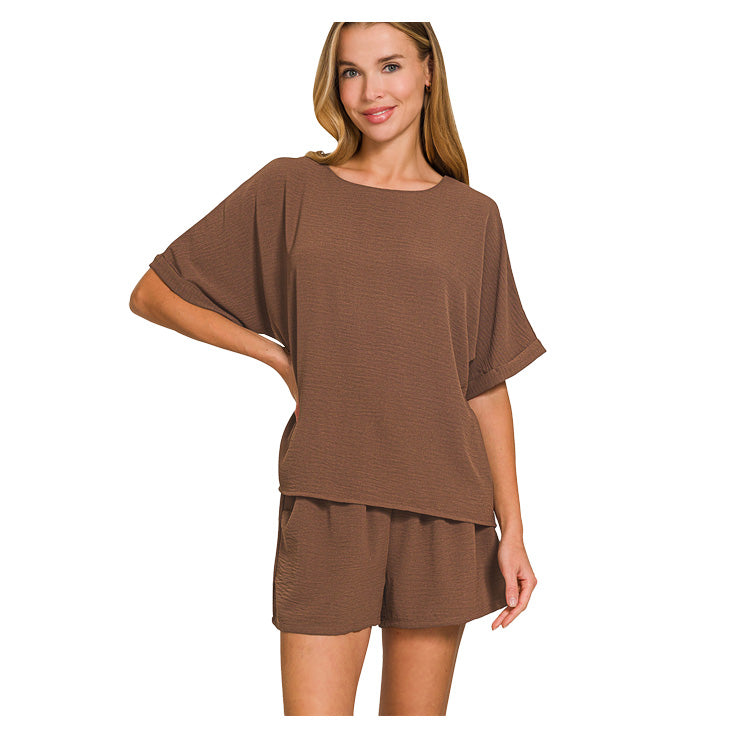 Zenana Apparel Set Airflow Short Sleeve Shirt & Shorts - Brown - PinkPro Beauty Supply