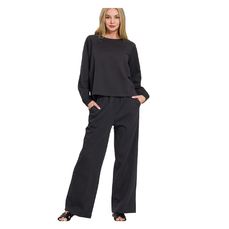 Zenana Fleece Raglan Pullover & Sweatpants Set - Black