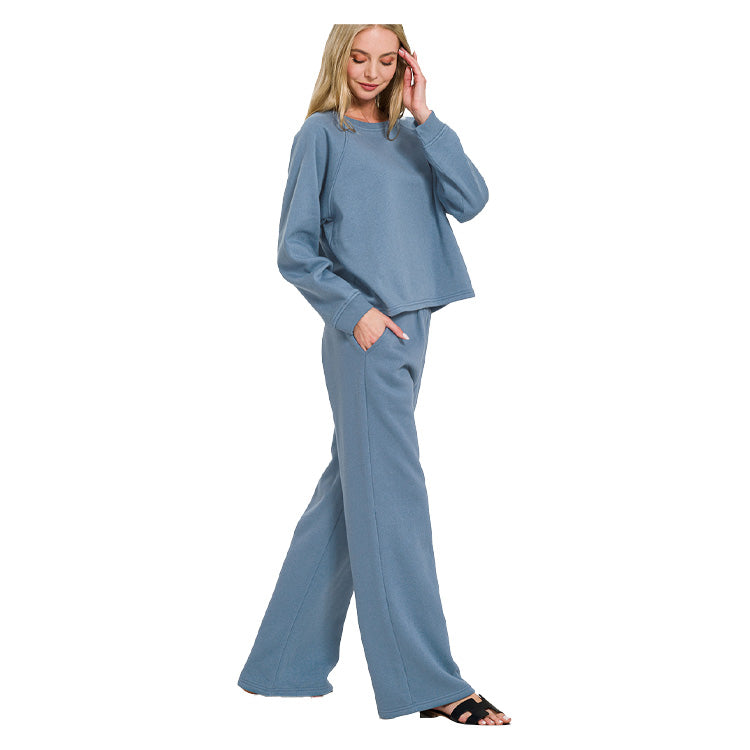 Zenana Fleece Raglan Pullover/Sweatpants Set - Dusty Blue