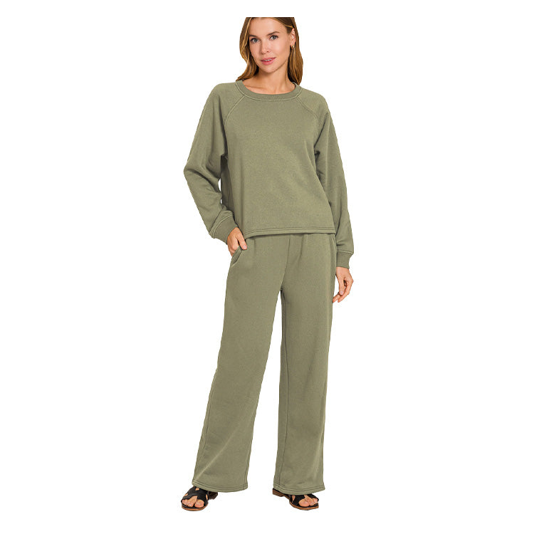 Zenana Fleece Raglan Pullover/Sweatpants Set - Olive