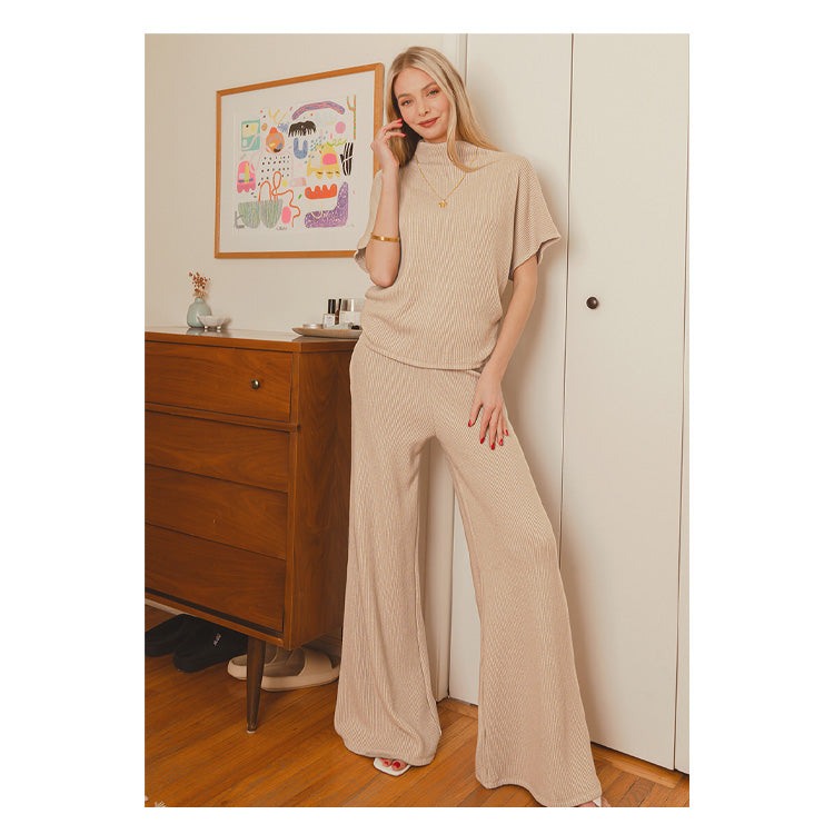 Zenana Sweater Mock Neck Short Sleeve Top/Pants Set Mocha