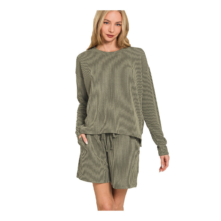Zenana Raised Rib Long Sleeve Tee & Shorts Set - Dark Olive