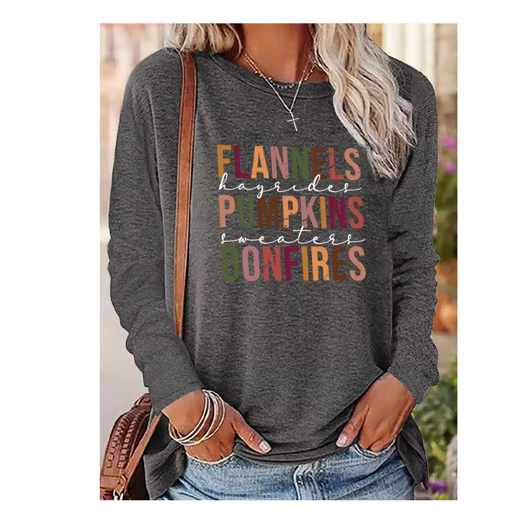 Grey Long Sleeve Tee- Flannels, Pumpkins & Bonfires Medium