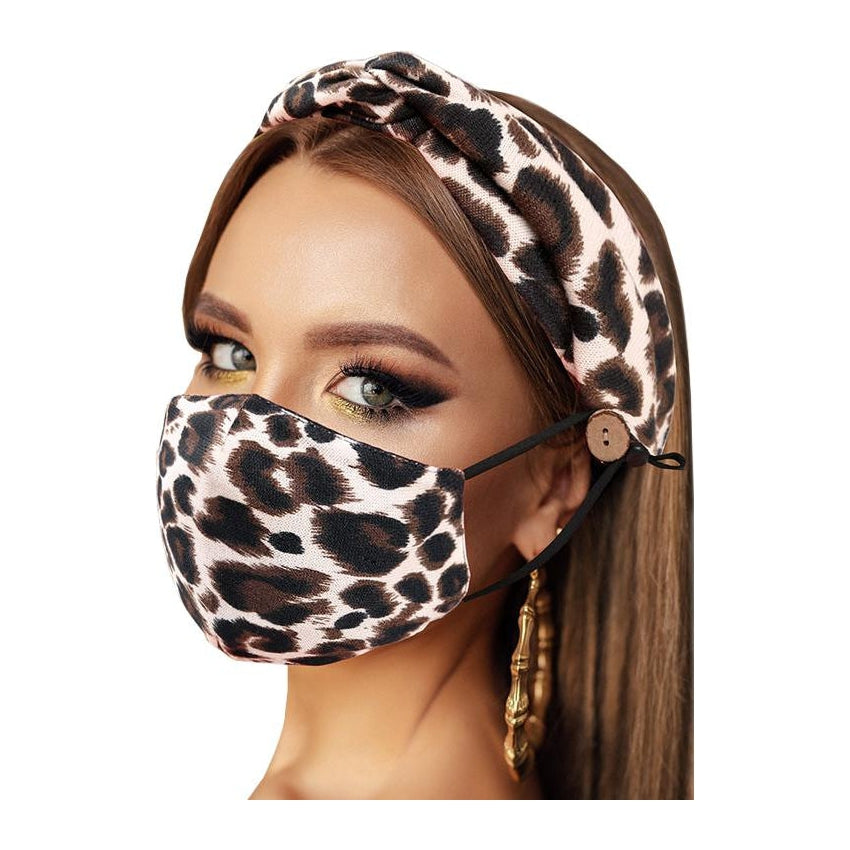 Face Mask Headband Set Leopard Brown