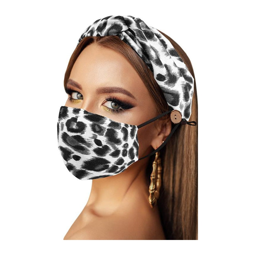 Face Mask Headband Set Leopard Print Black