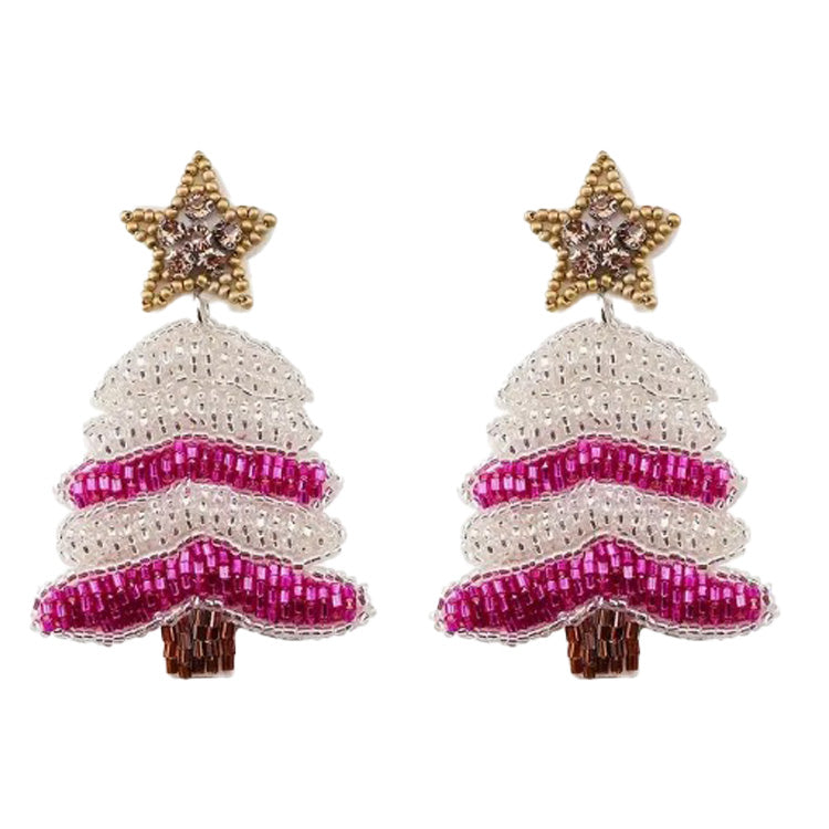 Earrings Beaded Pink Christmas Tree