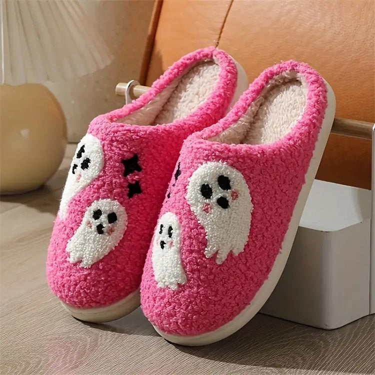 Pink Fuzzy Ghost Halloween Slippers