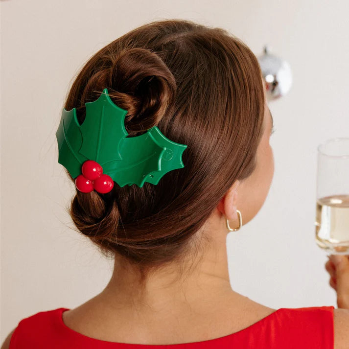 Teleties Medium Flat Hair Clip - Holly Leaves Holiday