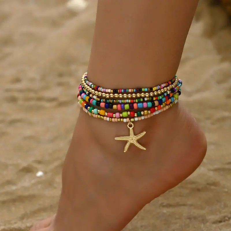Anklet Set Boho Starfish Multicolor - 6 Piece PinkPro Beauty Supply