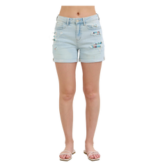 Judy Blue Aztec Lined High Rise Cuffed Shorts - PinkPro Beauty Supply