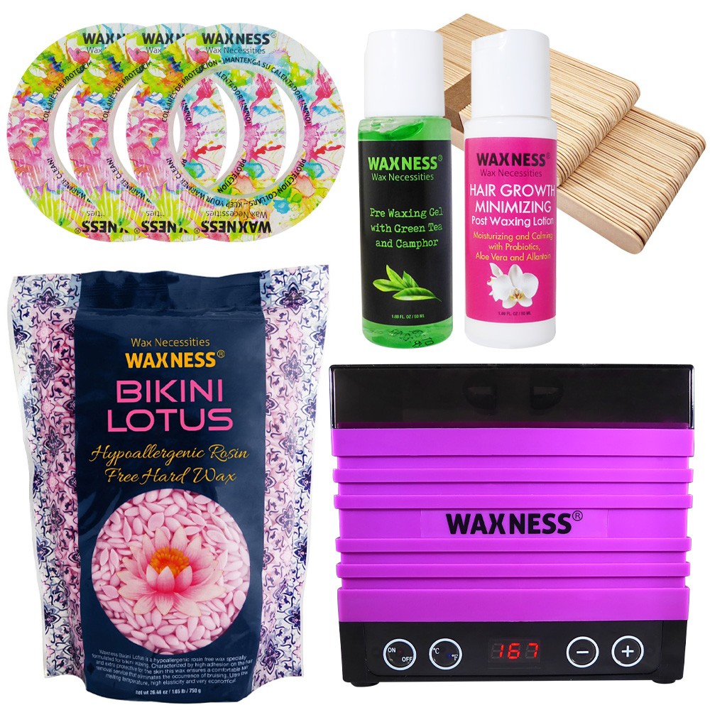 Waxness Luxury Bikini Lotus Stripless Waxing Kit with W-CUBE Digital Pink Warmer and 1.65 lb / 0.74 kg Wax Bag