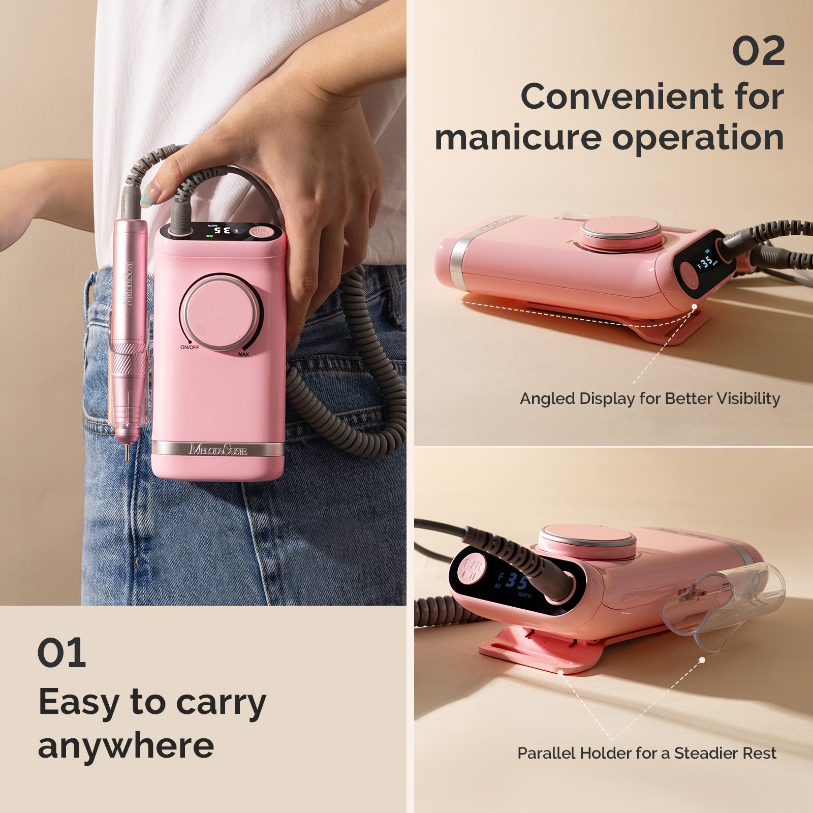 MelodySusie SC300F Rechargeable Nail Drill 30000RPM - Pink