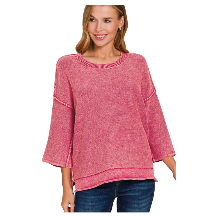 Zenana Sweater Washed Boxy 3/4 Sleeve - Red Zenana