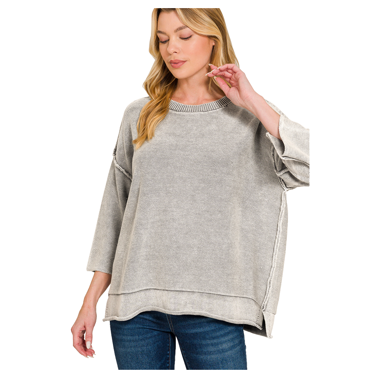 Zenana Sweater Washed Boxy 3/4 Sleeve - Sleet