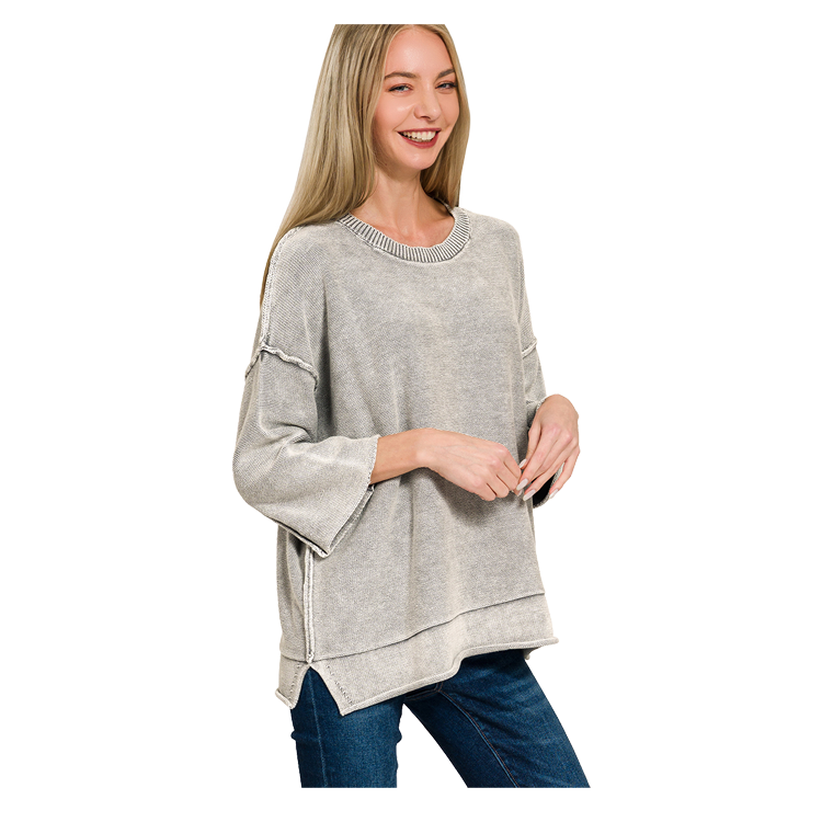 Zenana Sweater Washed Boxy 3/4 Sleeve - Sleet