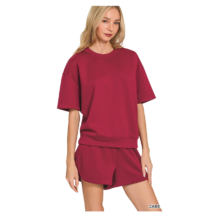 Zenana Scuba Top & Dolphin Shorts - Cabernet