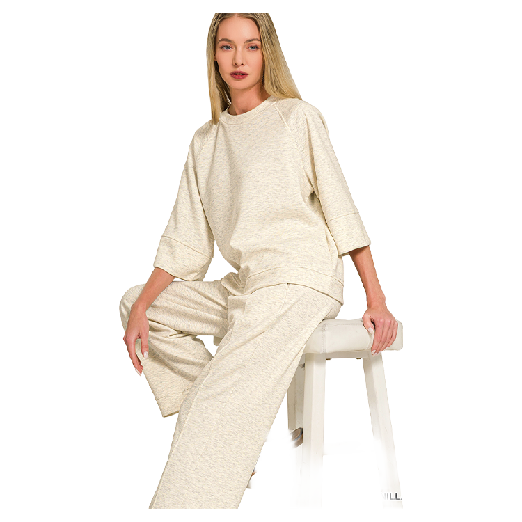 Zenana 3/4 Short Sleeve Scuba Pants Set - Vanilla Zenana