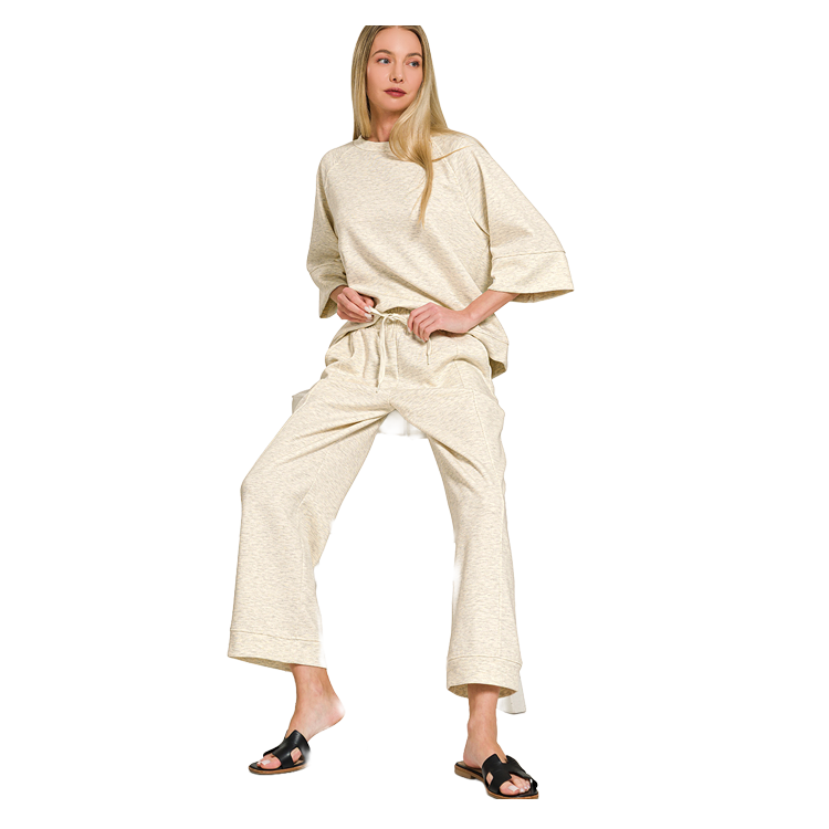 Zenana 3/4 Short Sleeve Scuba Pants Set - Vanilla Zenana