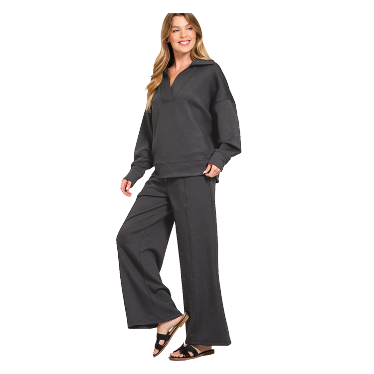 Zenana Scuba Set Pullover/Pants - Black