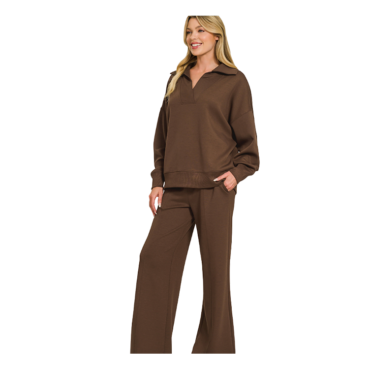 Zenana Scuba 2 Piece Pullover Set Collared Top & Seamed Pants - Chocolate