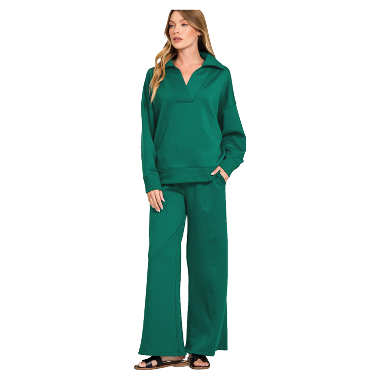 Zenana Scuba 2 Piece Pullover Set Collared Top & Seamed Pants - Hunter Green