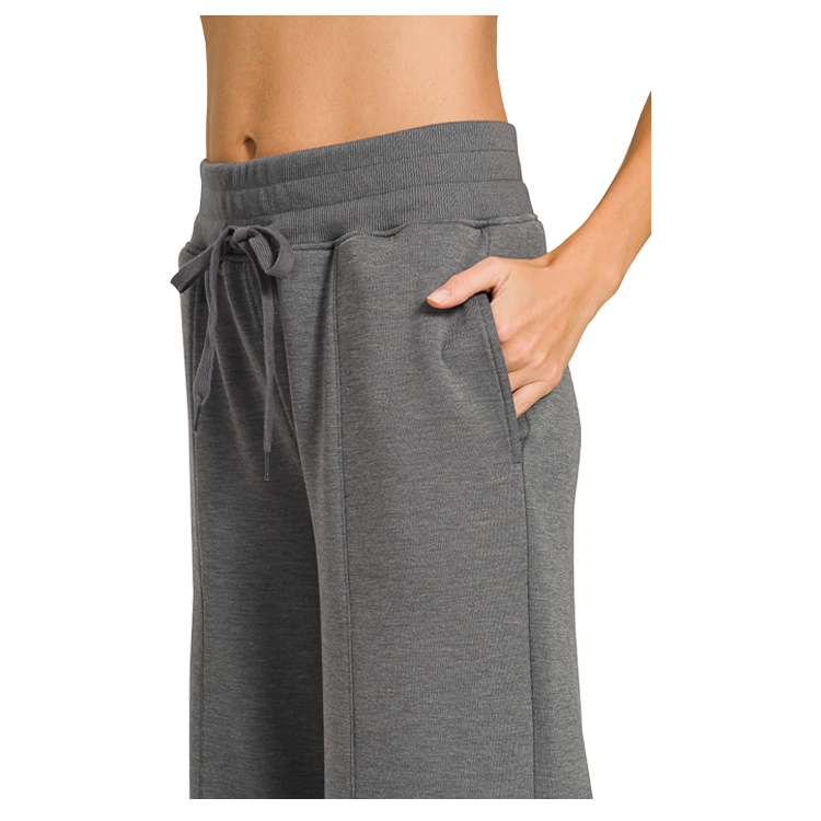 Zenana Scuba 2 Piece Pullover Collared Short Sleeve Top & Seamed Pants Set - Grey