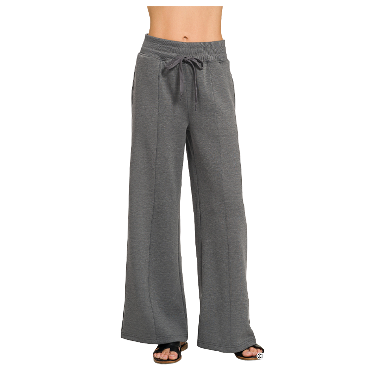 Zenana Scuba 2 Piece Pullover Collared Short Sleeve Top & Seamed Pants Set - Grey